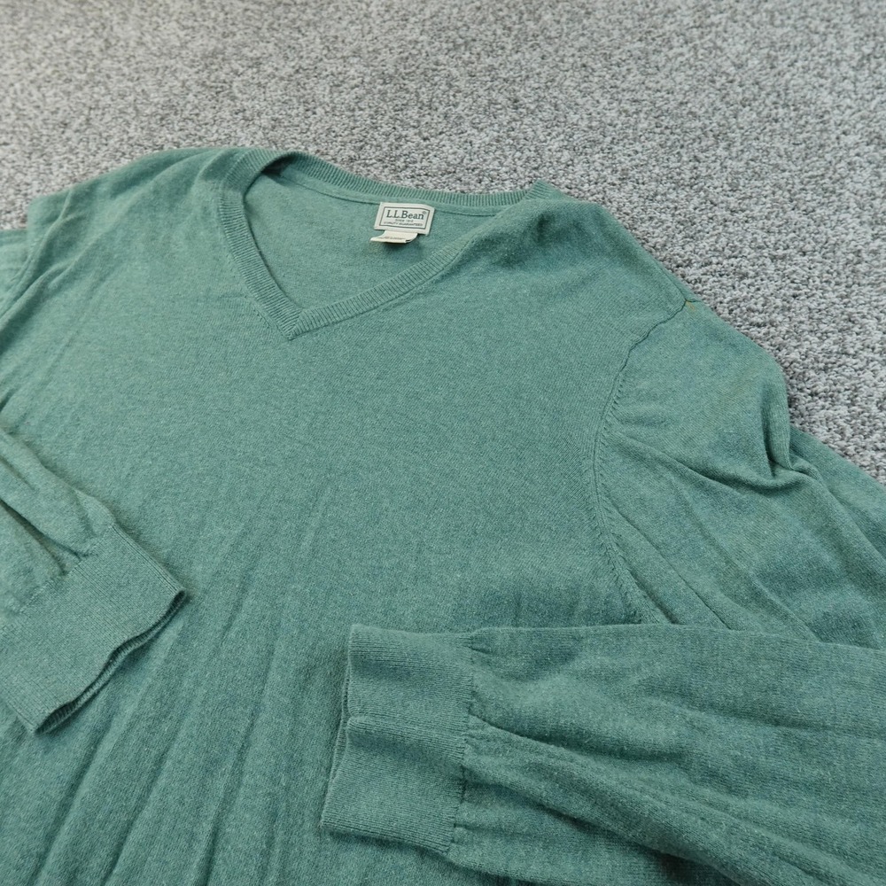 LL Bean Sweater Mens 2XL Green Cotton Cashmere V Neck Knit Pullover Outdoor Hike